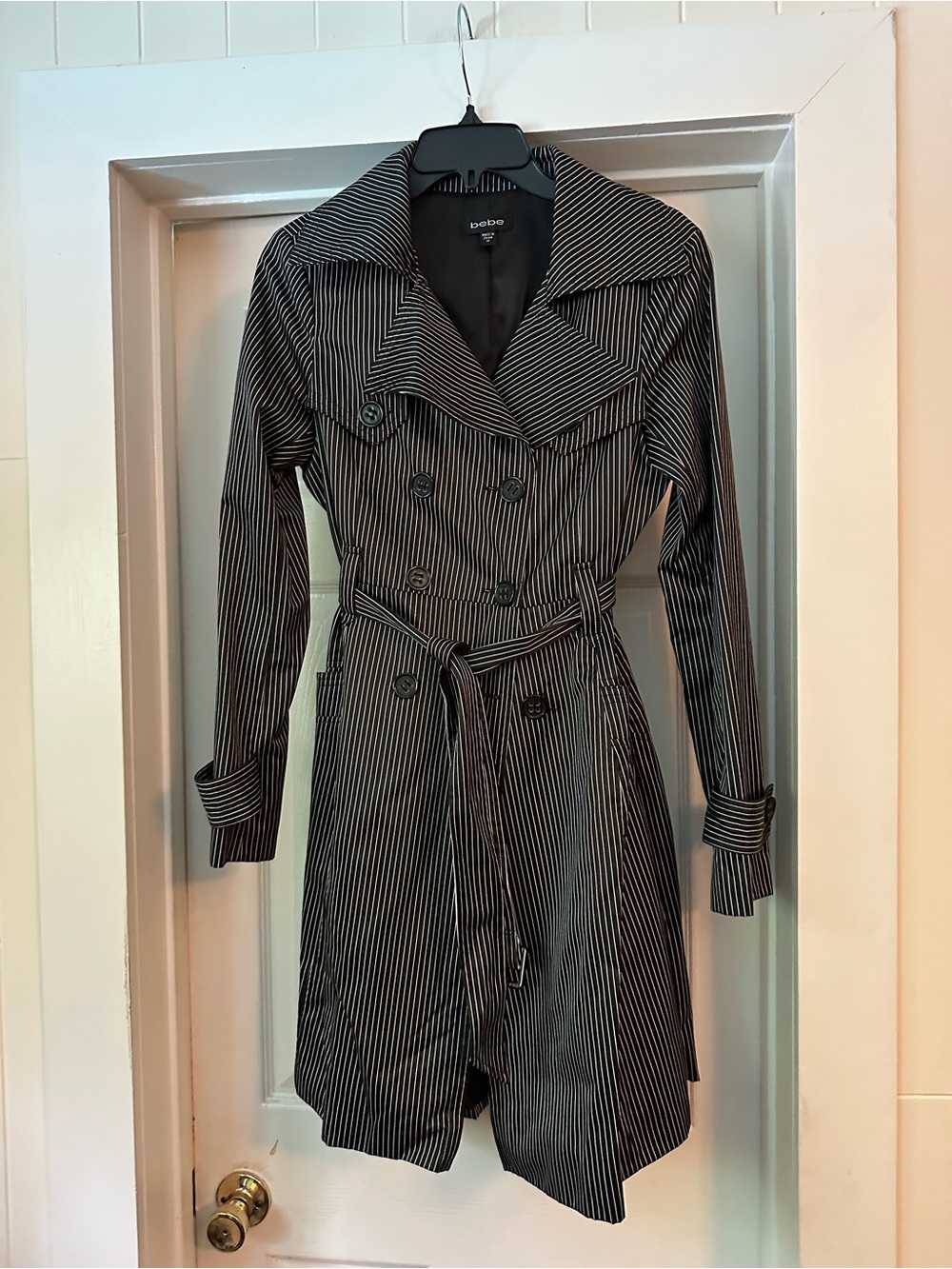 bebe Black and White Pinstripe Trench Coat